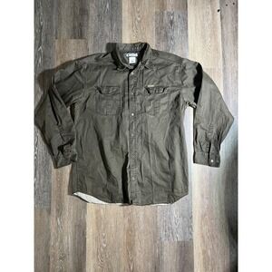 Columbia Mens XL Long Sleeve Button Down Utility Shirt Olive Green Cotton Canvas